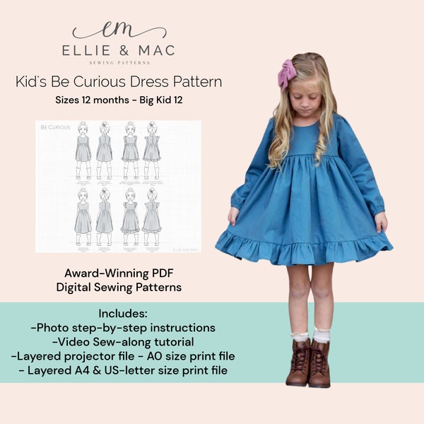 Kids peasant woven dress pattern - Digital PDF sewing pattern - Sizes 12 months - big kid 12 - Beginner sewing - Easy dress pattern