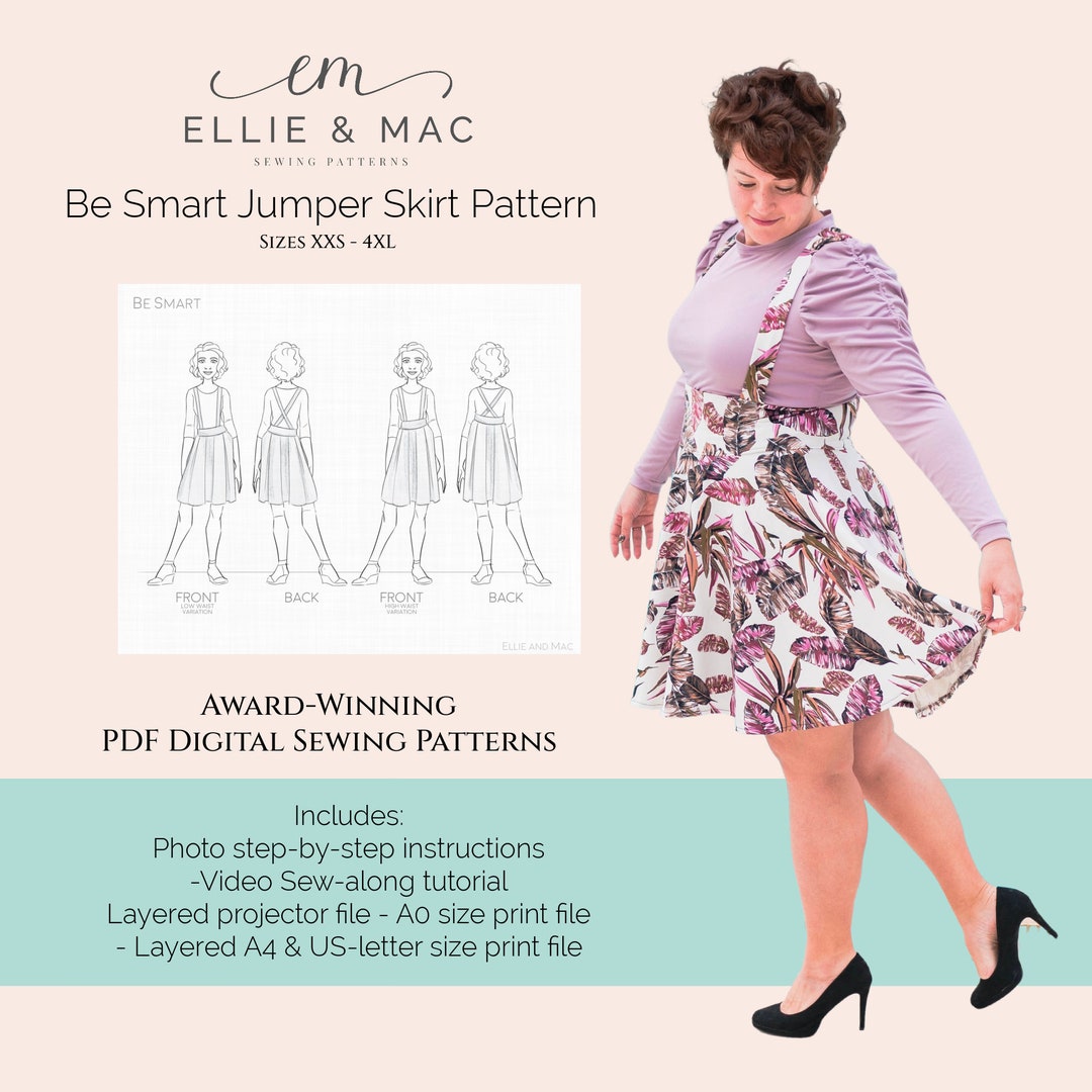 Molde para saia jardineira fácil de costurar, tamanhos XXS a 4XL