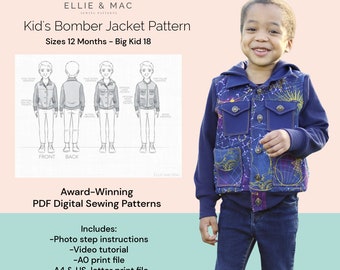 Kids Bomber Jacket Sewing Pattern: Sizes 12 Months to Big Kid 18 (Digital PDF)