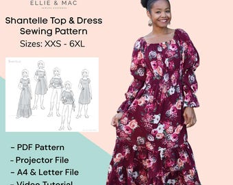 Patrón de costura para blusa y vestido fruncido: varios largos, mangas (descarga en PDF, XXS-7XL)