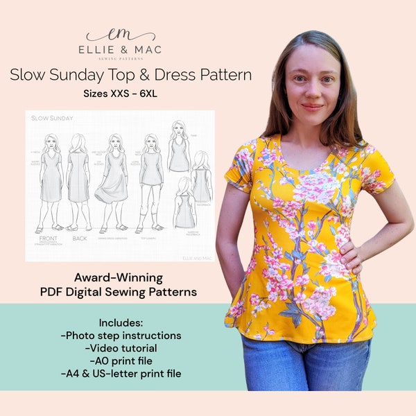 Swing Top + Dress sewing pattern | Sizes XXS-6XL | Projector file | PDF sewing pattern | A0 A4 US letter file | Video tutorial | Racerback