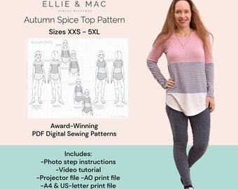 Modello di cucito per maglietta a blocchi di colore: top Autumn Spice, taglie dalla XXS alla 5XL (PDF digitale)