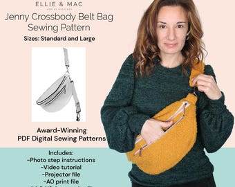 May include: A sewing pattern for a crossbody belt bag, shown in two different colors. The pattern includes photo step instructions, a video tutorial, and printable files in various sizes. The pattern is called "Jenny Crossbody Belt Bag Sewing Pattern" and is available in standard and large sizes.