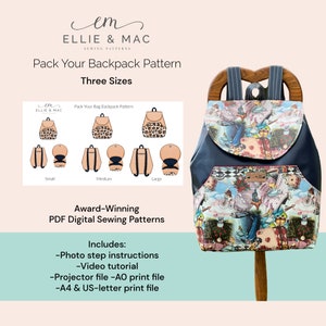 Pack Your Bag Backpack pattern - Three sizes - Digital PDF sewing pattern - Projector A0 A4 US letter files - Ellie and Mac - Craft pattern