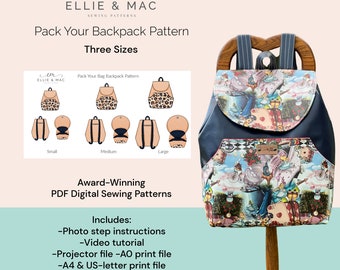 Pack Your Bag Backpack pattern - Three sizes - Digital PDF sewing pattern - Projector A0 A4 US letter files - Ellie and Mac - Craft pattern