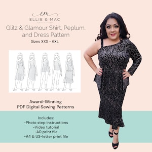 Patrón de costura para vestido de fiesta de un solo hombro - Patrón peplum - Patrón de costura en PDF - Tallas XXS - 6XL - Proyector A0 (Carta A4) - Descarga instantánea
