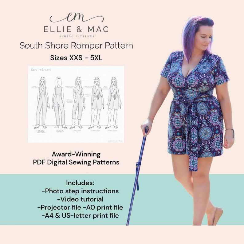 Puede incluir: Un patr&oacute;n de costura digital para un mono llamado "South Shore Romper" de Ellie & Mac Sewing Patterns. El patr&oacute;n incluye tallas XXS a 5XL y viene con instrucciones fotogr&aacute;ficas paso a paso, un tutorial en video y archivos de impresi&oacute;n en tama&ntilde;os A0, A4 y US-letter.