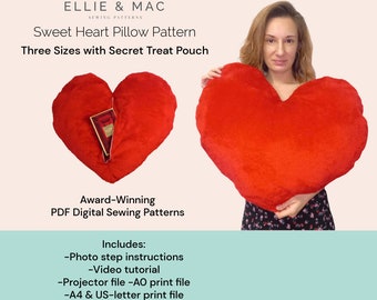 Sweet Heart Pillow pattern - Three sizes - Digital PDF sewing pattern - Projector A0 A4 US letter files - Ellie and Mac - Craft pattern