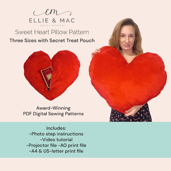 Sweet Heart Pillow pattern - Three sizes - Digital PDF sewing pattern - Projector A0 A4 US letter files - Ellie and Mac - Craft pattern