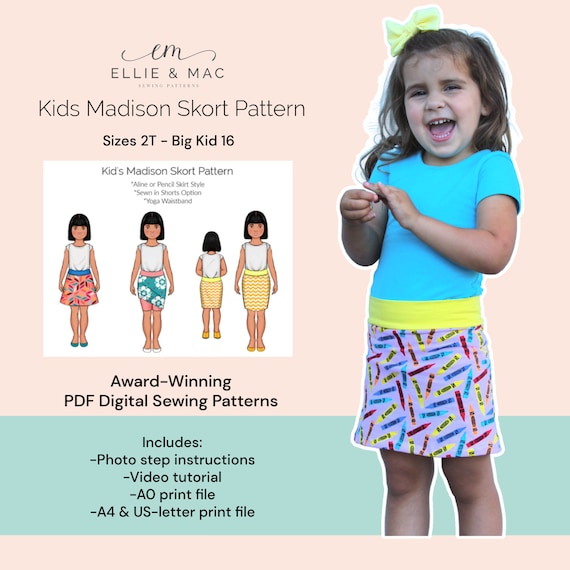 Kids High waisted pleated skirt pattern Sizes 2T Big Kid 18 Extended Sizes Digital PDF sewing pattern Projector A0 A4 letter files