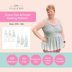 Molde de costura para vestido em camadas + blusa - Tamanhos XXS - 6XL - Molde de costura digital em PDF - Projetor A0 A4 arquivos de carta dos EUA - molde de decote quadrado