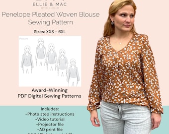 May include: A digital sewing pattern for a Penelope Pleated Woven Blouse. The pattern includes photo step instructions, a video tutorial, projector file, AO print file, and A4 & US-letter print files. The pattern is available in sizes XXS-6XL.