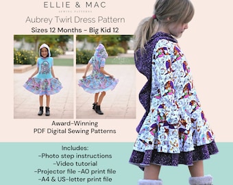 Kids Euro Twirl Dress PDF Schnittmuster : Grössen 6-12 Monate bis Tween 12
