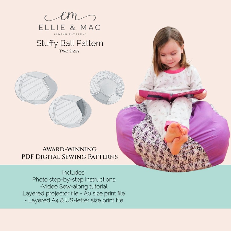 Digital PDF sewing pattern video tutorial for stuffy ball 2 sizes Projector A4 A0 US letter files Ellie and Mac Bean bag pattern image 1
