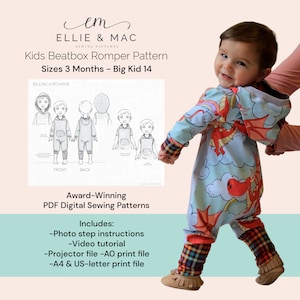 May include: A digital sewing pattern for a kids' beatbox romper. The pattern includes photo step instructions, a video tutorial, and printable files in A0, A4, and US-letter sizes. The pattern is available for sizes 3 months to big kid 14.