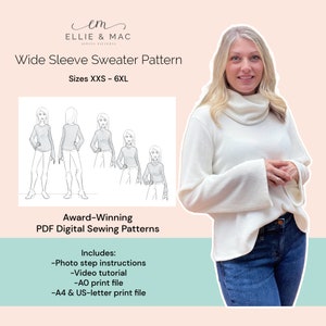 Wide sleeve sweater PDF sewing pattern |Sizes XXS - 6XL | Ellie and Mac Patterns