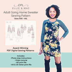 May include: A digital sewing pattern for an adult going home sweater. The pattern includes photo step instructions, a video tutorial, and print files in A0, A4, and US-letter sizes. The pattern is available in sizes XXS to 4XL.