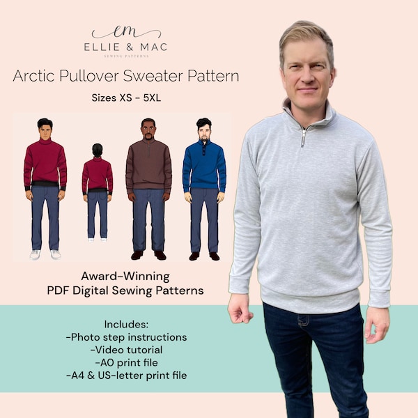 Arctic pullover sweater pattern - PDF sewing pattern - Sizes XS - 5XL - Beginner sewing - Easy sweater pattern - Half zip collar sweatshirt