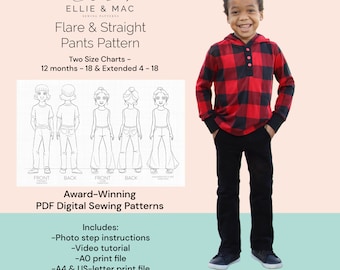 Kids Flare & Straight Pants Sewing Pattern: Sizes 12 months - Teen 18 (PDF Pattern)