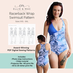 May include: A digital sewing pattern for a racerback wrap swimsuit. The pattern includes instructions, a video tutorial, and printable files in A0, A4, and US letter sizes. The pattern is available in sizes XXS to 6XL.