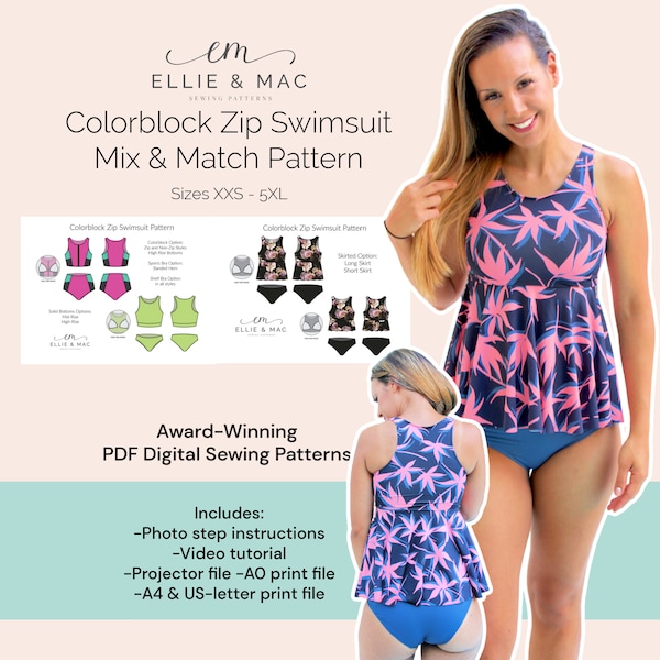 Swimsuit sewing pattern - Sizes XXS - 5XL - Digital PDF sewing pattern - Projector A0 A4 US letter files - Two piece swimwear pattern