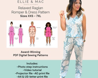 Puede incluir: Un patrón de costura digital para un mono o vestido holgado con mangas raglan. El patrón incluye tallas XXS a 7XL y viene con instrucciones paso a paso con fotos, un tutorial en video y archivos imprimibles en tamaños A0, A4 y US-letter.