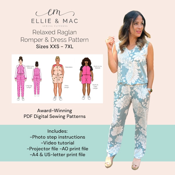 Relaxed raglan romper pattern - 13 sizes XXS - 7XL - Projector file - A0 file - A4 US letter files - PDF sewing pattern