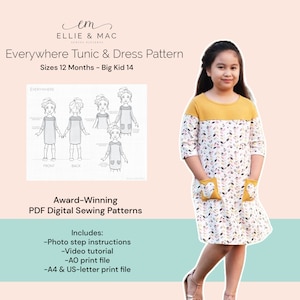 Easy kids tee dress sewing pattern - Digital PDF sewing pattern - Sizes 12 months - big kid 14 - Beginner sewing - Knit dress pattern