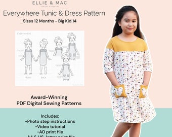 Easy kids tee dress sewing pattern - Digital PDF sewing pattern - Sizes 12 months - big kid 14 - Beginner sewing - Knit dress pattern