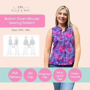 Puede incluir: Una mujer luce una blusa sin mangas con botones y estampado floral en tonos azules y rosas. La imagen incluye un patrón de costura con el texto "Button Down Blouse Sewing Pattern" y tallas XXS-6XL. Iconos para PDF, AO, Projector, A4 & Letter y Video Tutorial.