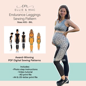 May include: A digital sewing pattern for endurance leggings, featuring a woman wearing a leopard print sports bra and leggings. The pattern includes photo step instructions, a video tutorial, and print files in A0, A4, and US-letter sizes. Sizes XXS - 8XL.