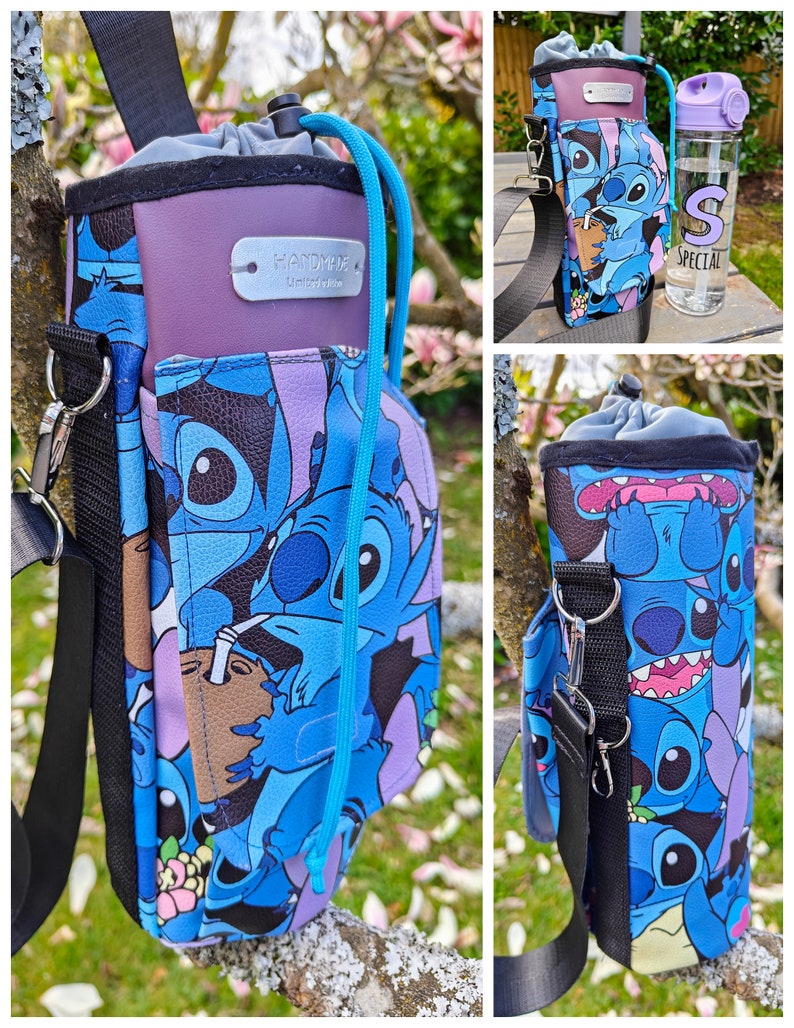 May include: A water bottle carrier with a blue and purple Stitch cartoon design. The carrier has a black adjustable strap, a purple top, and a teal drawstring. A clear water bottle with a purple lid is also visible.