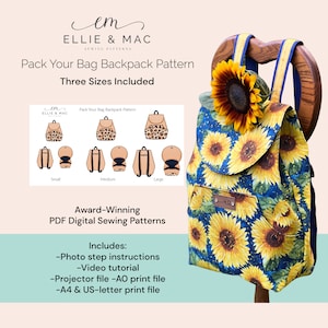 Pack Your Bag Rucksack Schnittmuster - Drei Größen - Digitales PDF Schnittmuster - Projector A0 A4 US letter Dateien - Ellie und Mac - Bastelmuster