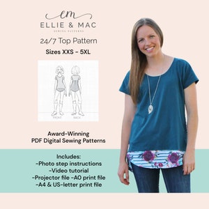 Basic 24/7 Top sewing pattern with video tutorial sizes XXS - 5XL | Ellie and Mac Patterns | Instant Download PDF sewing pattern