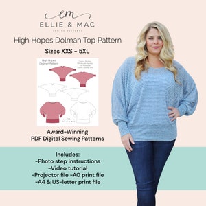 High Hopes dolman top sewing pattern with video tutorial sizes XXS - 5XL | Ellie and Mac Patterns | Instant Download PDF sewing pattern
