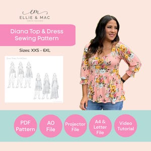 Patrón PDF de vestido escalonado y top peplum / XXS-6XL / Costura digital / Proyector, A0, A4, Carta / Tallas grandes / Videotutorial / Costura de vestido largo