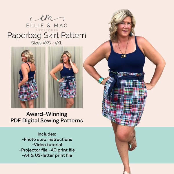 Paperbag skirt sewing pattern with tutorial size XXS - 5XL - digital PDF sewing pattern - Instant Download - Paper bag skirt pattern