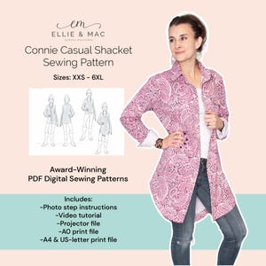 Connie Casual Shacket PDF Sewing Pattern | Oversized Shirt Jacket for Woven Fabrics | XXS–6XL | Beginner Friendly