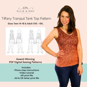 Patrón de camiseta de tirantes ajustada y holgada / 12 tallas XXS - 6XL / Archivo de proyección / Patrón de costura en PDF / Archivo A0 / Archivo tamaño carta A4 / Videotutorial