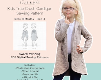May include: A digital sewing pattern for a kids' cardigan, called "True Crush Cardigan". The pattern includes sizes from 12 months to teen 14. The pattern is award-winning and includes photo step instructions, a video tutorial, projector file, AO print file, and A4 & US-letter print files.