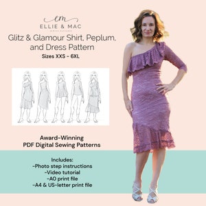Patrón de costura para top y vestido asimétrico - Patrón peplum - Patrón de costura en PDF - Tallas XXS - 6XL - Proyector A0 (Carta A4) - Descarga instantánea