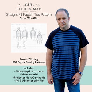 Raglan Sleeve T-shirt Pattern - PDF sewing pattern (Straight Fit) - Sizes XS - 6XL - Beginner sewing - Easy Tee Pattern