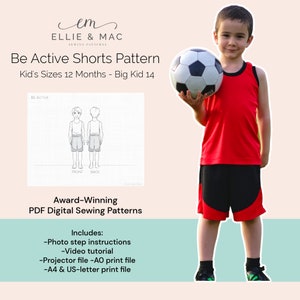 Patrón de costura de pantalones cortos Kids Be Active - Tallas 12 m - 14 - Patrón de costura digital en PDF - Proyector A0 A4 Archivos de carta de EE. UU. - Patrón de entrenamiento