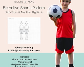 Kids Active Shorts Sewing Pattern: Sizes 12m-14 (Digital PDF)