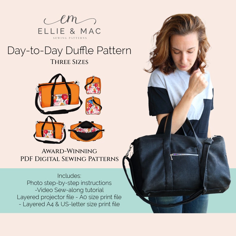 The handmade duffle bag is made of black woven fabric, showcasing its exterior zipper pocket, adjustable straps, and size.