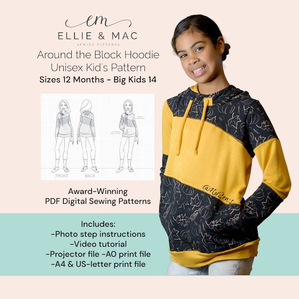 Around the Block kids hoodie sweater pattern - Sizes 12 months - big kid 14 - Digital PDF sewing pattern - Projector A0 A4 US letter files