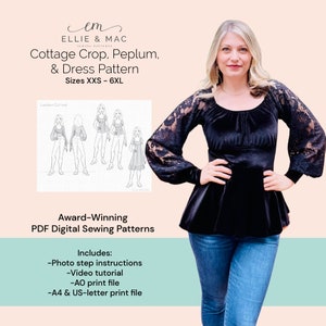 Patrón de costura para vestido estilo cottage crop, peplum, 12 tallas XXS a 6XL - Patrón de costura digital en PDF - Proyector A0, A4, archivos de carta de EE. UU. - Tejido de punto