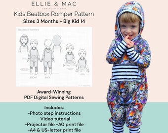 Patrón de costura de mameluco con capucha para niños: tallas desde 3 meses hasta 14 años (PDF digital)