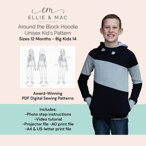 Easy color-block hoodie sweater sewing pattern - Sizes 12 months - Teen 14 - Digital PDF sewing pattern - Projector A0 A4 US letter files