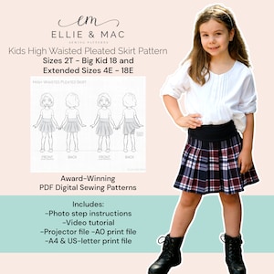 Patrón de falda plisada de cintura alta para niños - Tallas 2T - Niño grande 18+ Tallas extra grandes - Patrón de costura digital en PDF - Proyector A0 Archivos de carta A4